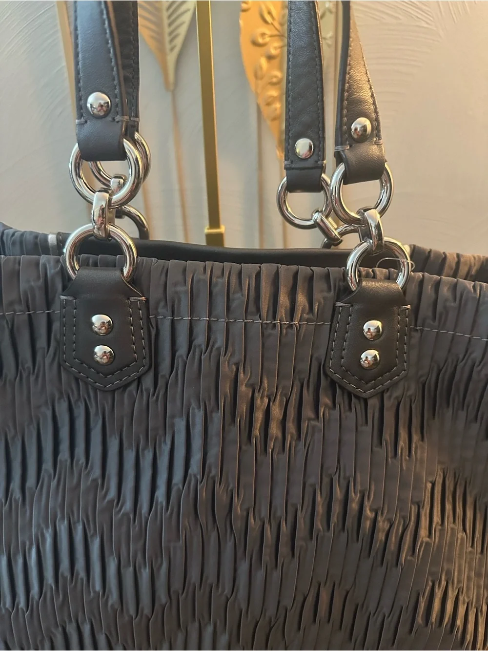 Coach 2012 Ashley F20050 Pleated Patent Trim Tote Bag in Silver Mauve-Pink